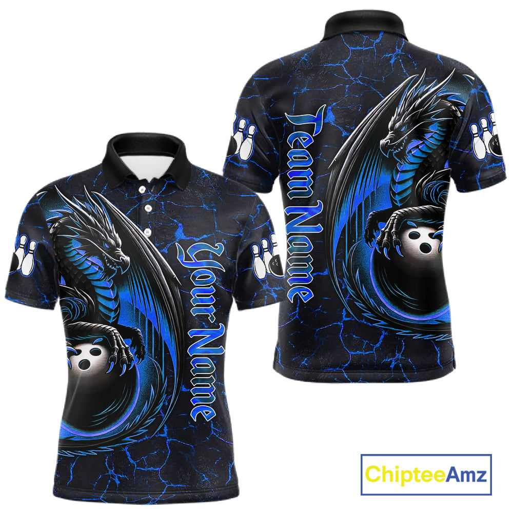 Black And Blue Custom Dragon Bowling Shirts For Men, Dragon Bowling Team Shirts NQS11620