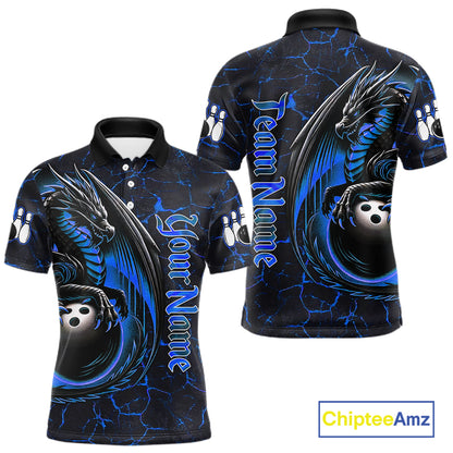 Black And Blue Custom Dragon Bowling Shirts For Men, Dragon Bowling Team Shirts NQS11620