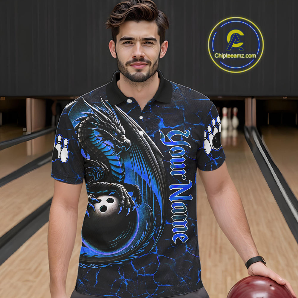 Black And Blue Custom Dragon Bowling Shirts For Men, Dragon Bowling Team Shirts NQS11620