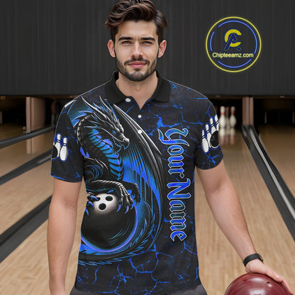 Black And Blue Custom Dragon Bowling Shirts For Men, Dragon Bowling Team Shirts NQS11620