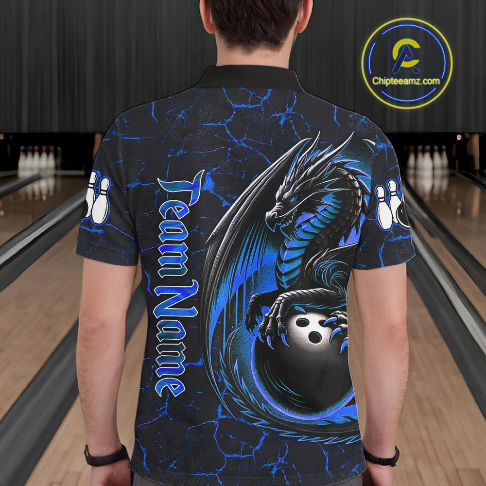 Black And Blue Custom Dragon Bowling Shirts For Men, Dragon Bowling Team Shirts NQS11620