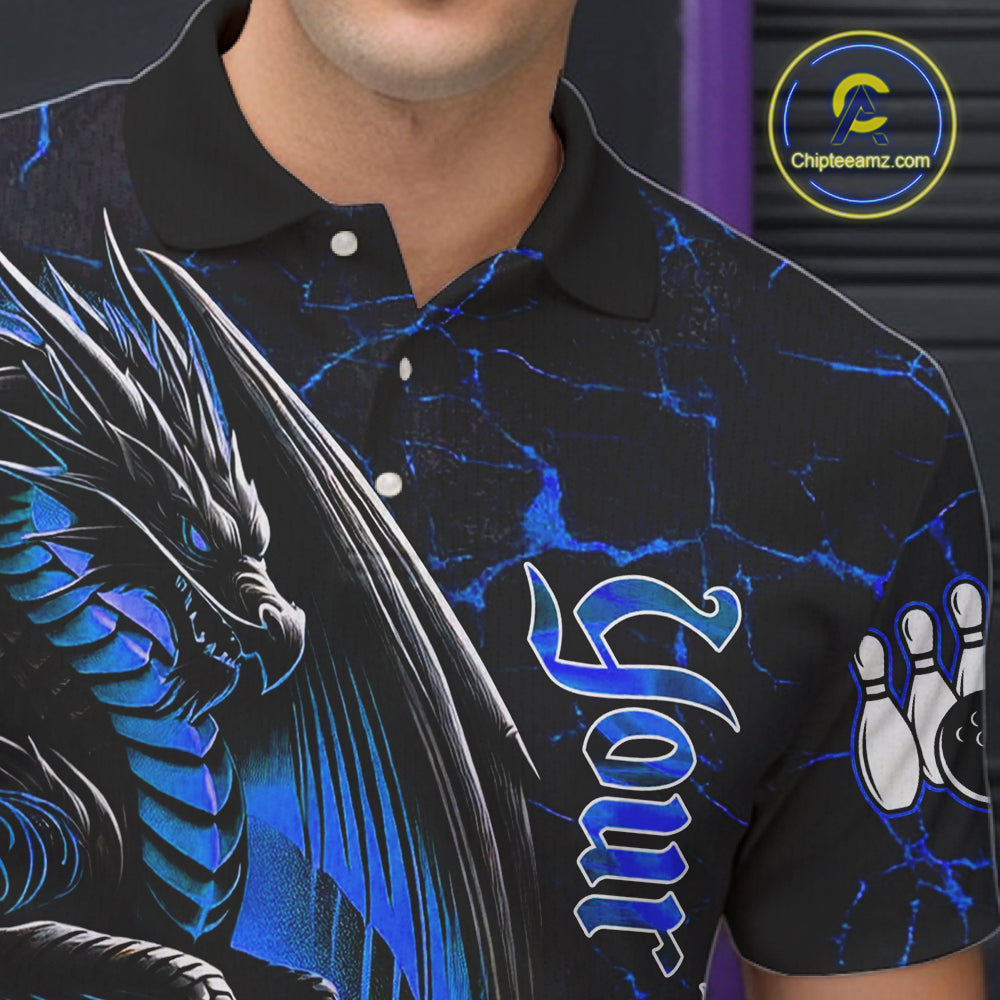 Black And Blue Custom Dragon Bowling Shirts For Men, Dragon Bowling Team Shirts NQS11620