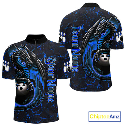 Black And Blue Custom Dragon Bowling Shirts For Men, Dragon Bowling Team Shirts NQS11620