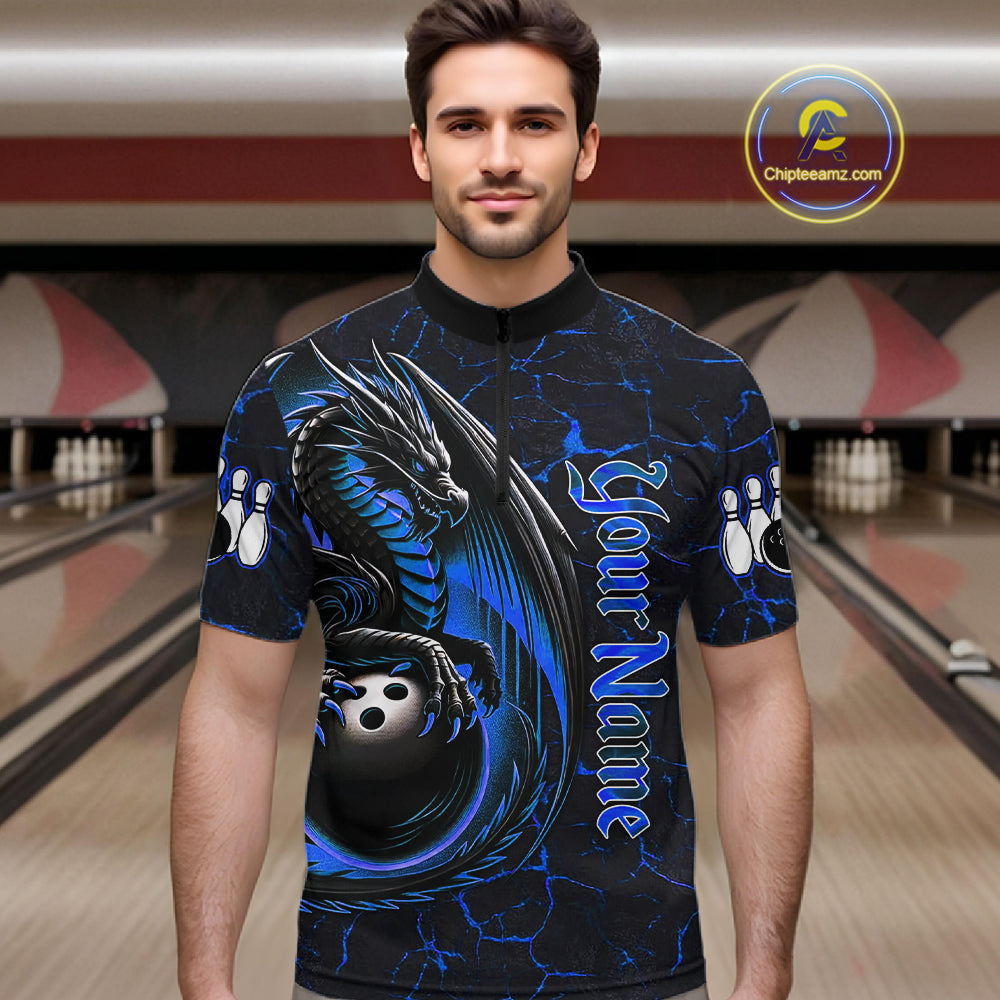 Black And Blue Custom Dragon Bowling Shirts For Men, Dragon Bowling Team Shirts NQS11620