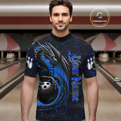 Black And Blue Custom Dragon Bowling Shirts For Men, Dragon Bowling Team Shirts NQS11620