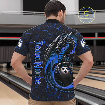 Black And Blue Custom Dragon Bowling Shirts For Men, Dragon Bowling Team Shirts NQS11620