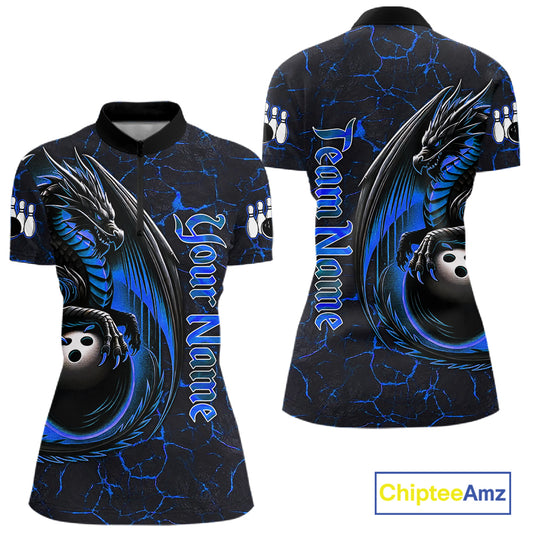Black And Blue Custom Dragon Bowling Shirts For Women, Dragon Bowling Team Shirts NQS11620
