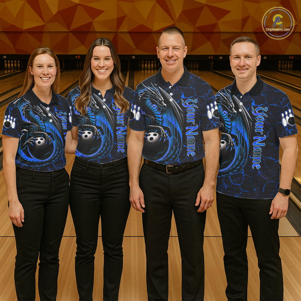 Black And Blue Custom Dragon Bowling Shirts For Women, Dragon Bowling Team Shirts NQS11620