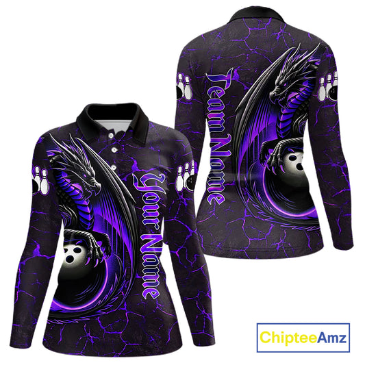 Black And Purple Custom Dragon Bowling Shirts For Women, Dragon Bowling Team Shirts NQS11621