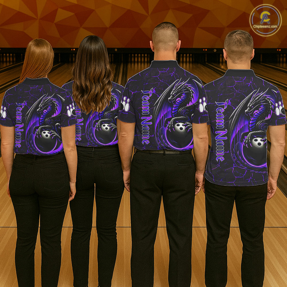 Black And Purple Custom Dragon Bowling Shirts For Men, Dragon Bowling Team Shirts NQS11621