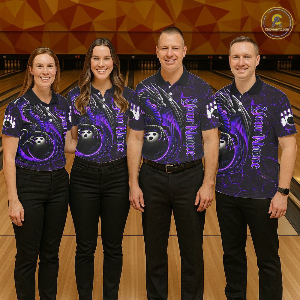 Black And Purple Custom Dragon Bowling Shirts For Men, Dragon Bowling Team Shirts NQS11621