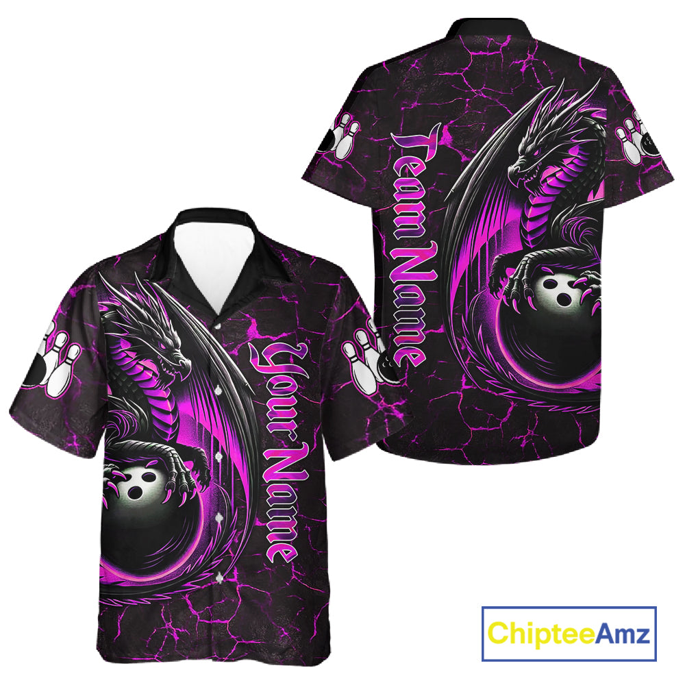 Black And Pink Custom Dragon Bowling Button-up Shirts, Dragon Hawaiian Bowling Team Shirts NQS11622