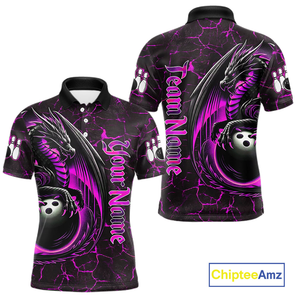 Black And Pink Custom Dragon Bowling Shirts For Men, Dragon Bowling Team Shirts NQS11622