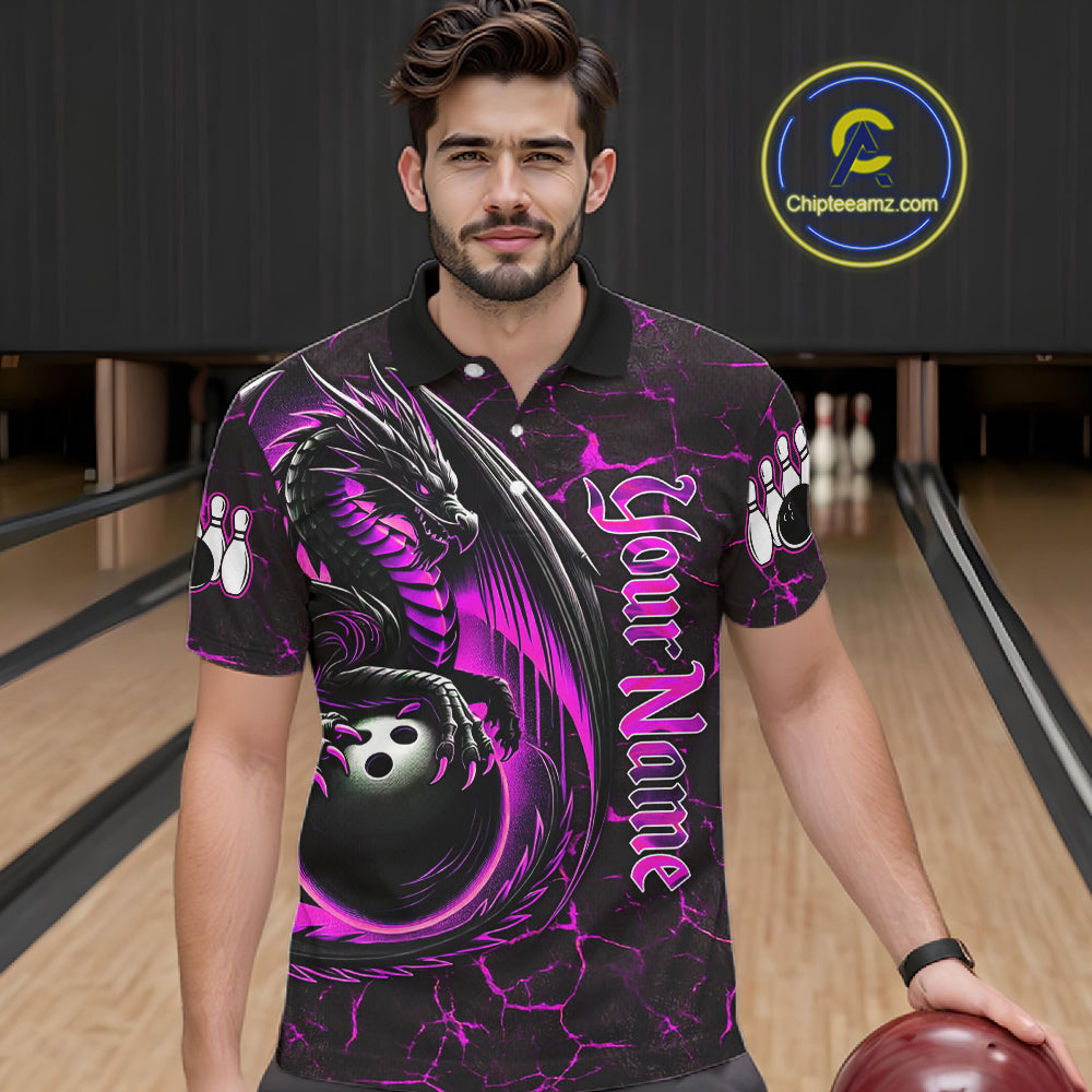 Black And Pink Custom Dragon Bowling Shirts For Men, Dragon Bowling Team Shirts NQS11622