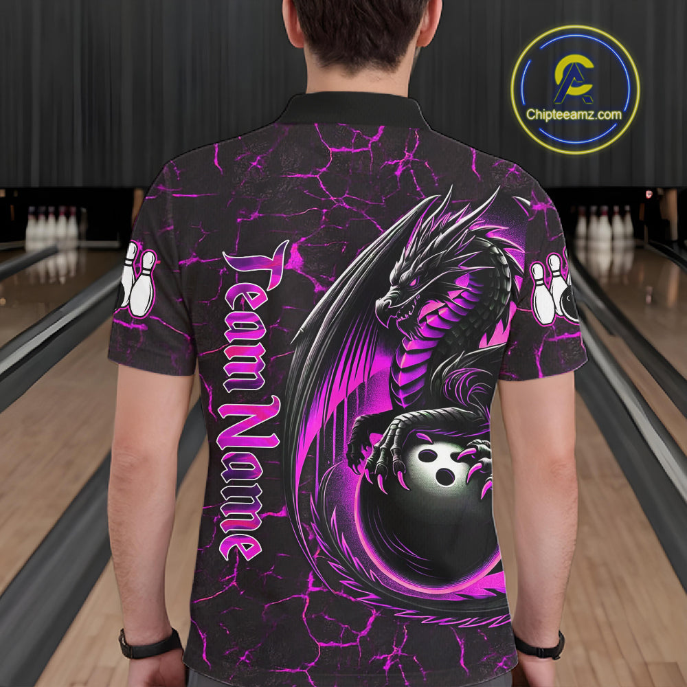 Black And Pink Custom Dragon Bowling Shirts For Men, Dragon Bowling Team Shirts NQS11622
