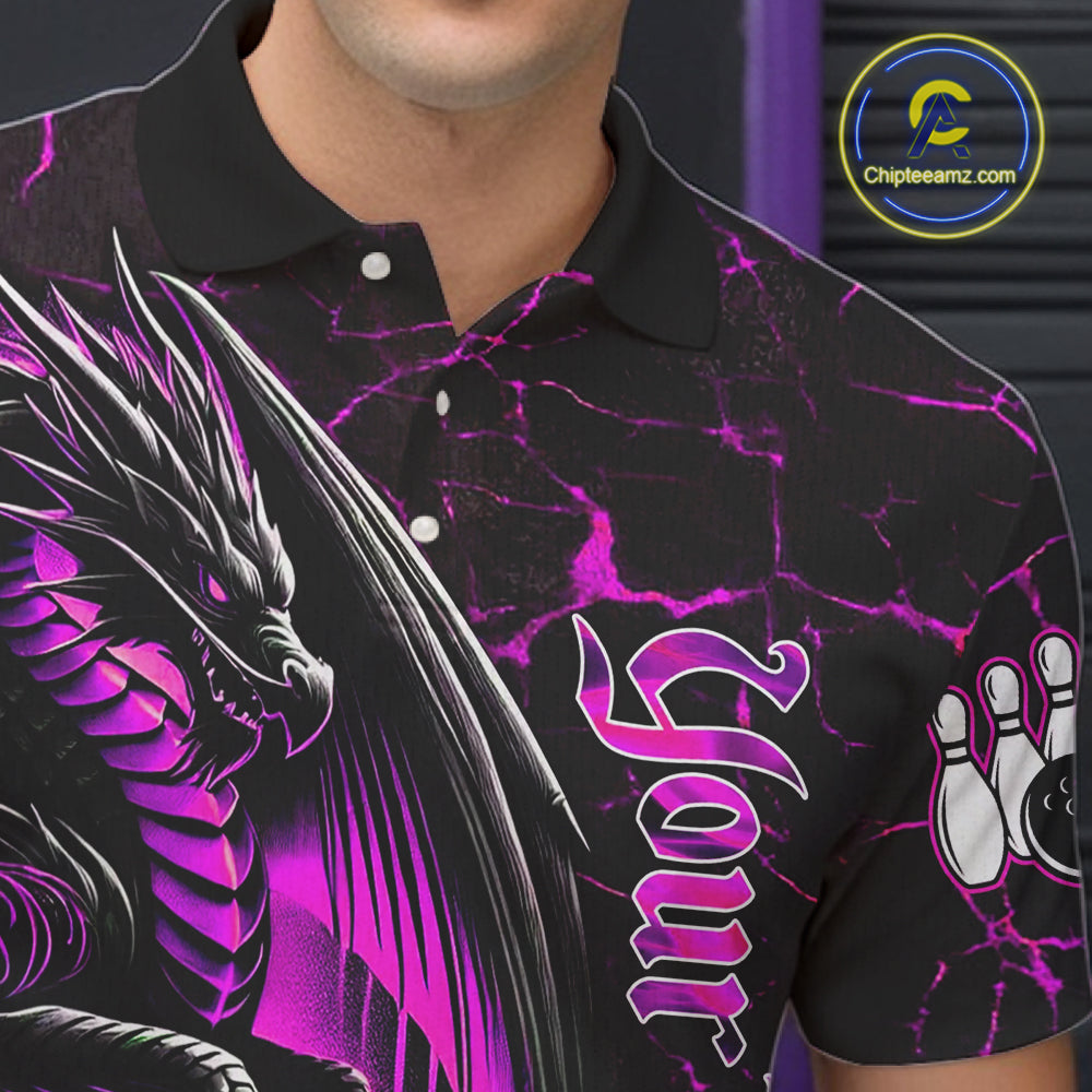 Black And Pink Custom Dragon Bowling Shirts For Men, Dragon Bowling Team Shirts NQS11622