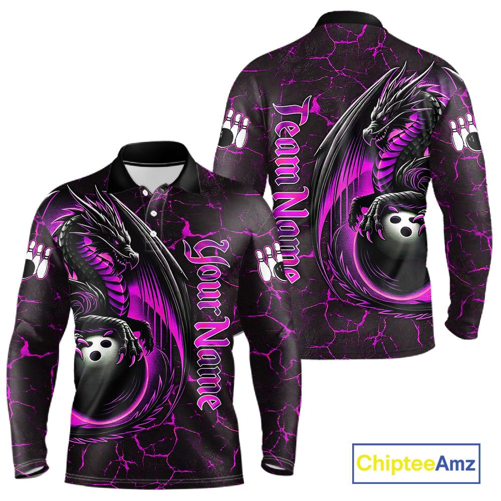 Black And Pink Custom Dragon Bowling Shirts For Men, Dragon Bowling Team Shirts NQS11622