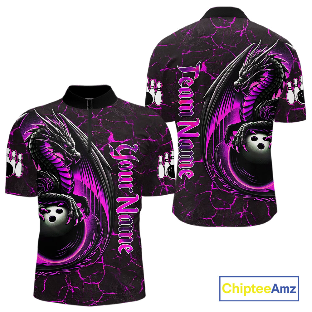 Black And Pink Custom Dragon Bowling Shirts For Men, Dragon Bowling Team Shirts NQS11622