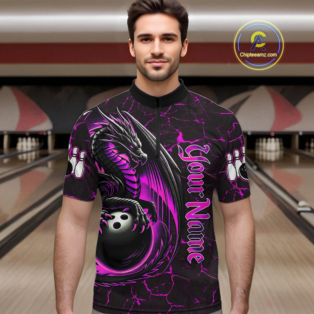 Black And Pink Custom Dragon Bowling Shirts For Men, Dragon Bowling Team Shirts NQS11622