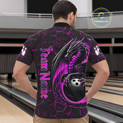 Black And Pink Custom Dragon Bowling Shirts For Men, Dragon Bowling Team Shirts NQS11622