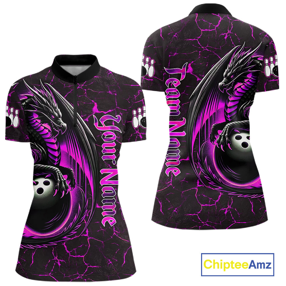 Black And Pink Custom Dragon Bowling Shirts For Women, Dragon Bowling Team Shirts NQS11622
