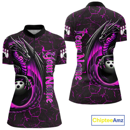 Black And Pink Custom Dragon Bowling Shirts For Women, Dragon Bowling Team Shirts NQS11622