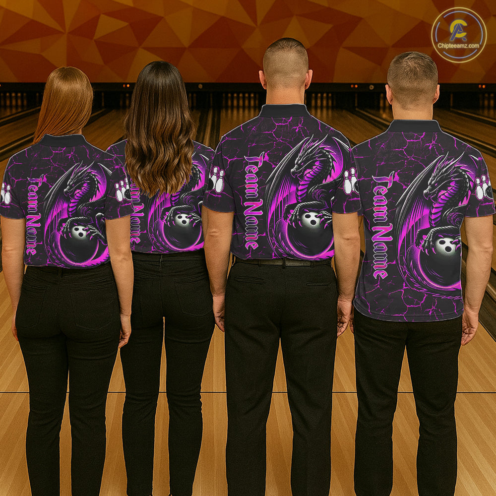 Black And Pink Custom Dragon Bowling Shirts For Men, Dragon Bowling Team Shirts NQS11622