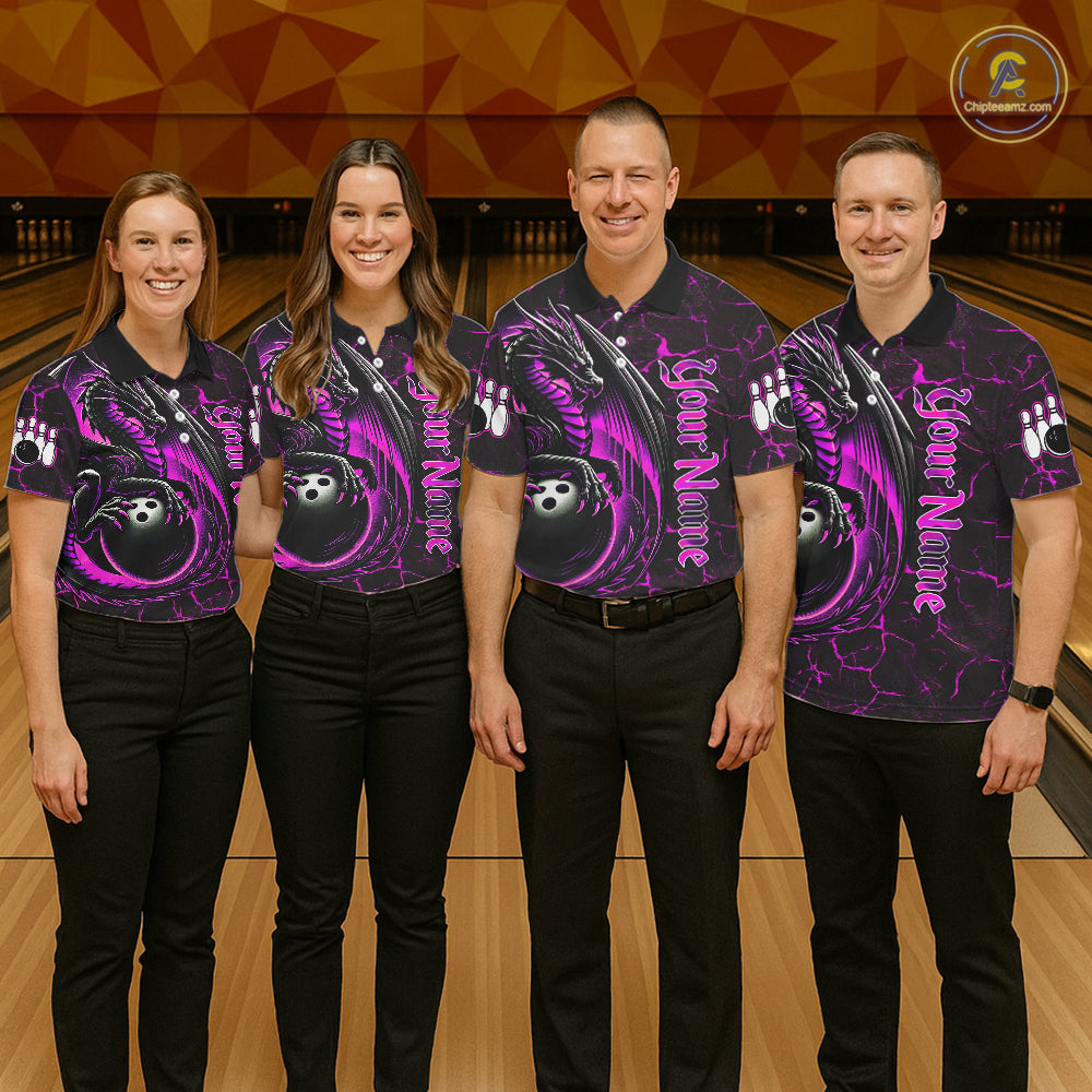 Black And Pink Custom Dragon Bowling Shirts For Men, Dragon Bowling Team Shirts NQS11622