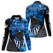 Load image into Gallery viewer, Black and White American Flag Skull Blue Camo Bowling Shirts For Women Custom Team Bowling Jerseys NQS9654