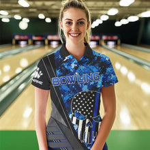 Load image into Gallery viewer, Black and White American Flag Skull Blue Camo Bowling Shirts For Women Custom Team Bowling Jerseys NQS9654