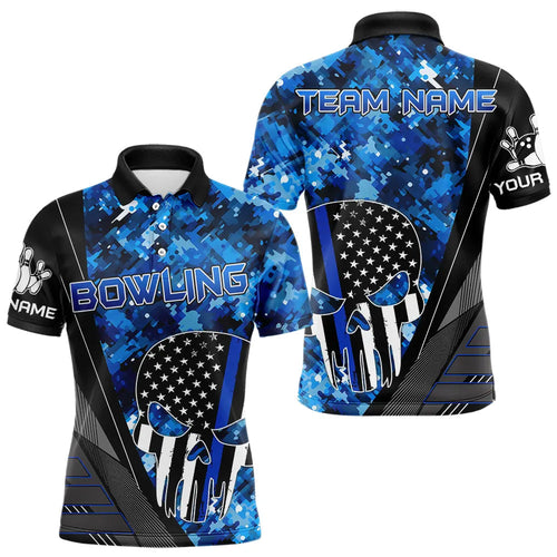 Black and White American Flag Skull Blue Camo Bowling Shirts For Men Custom Team Bowling Jerseys NQS9654