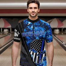 Load image into Gallery viewer, Black and White American Flag Skull Blue Camo Bowling Shirts For Men Custom Team Bowling Jerseys NQS9654