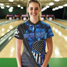 Load image into Gallery viewer, Black and White American Flag Skull Blue Camo Bowling Shirts For Women Custom Team Bowling Jerseys NQS9654