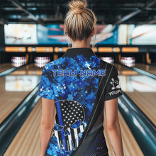 Load image into Gallery viewer, Black and White American Flag Skull Blue Camo Bowling Shirts For Women Custom Team Bowling Jerseys NQS9654