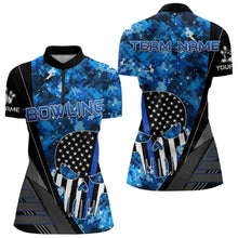 Load image into Gallery viewer, Black and White American Flag Skull Blue Camo Bowling Shirts For Women Custom Team Bowling Jerseys NQS9654