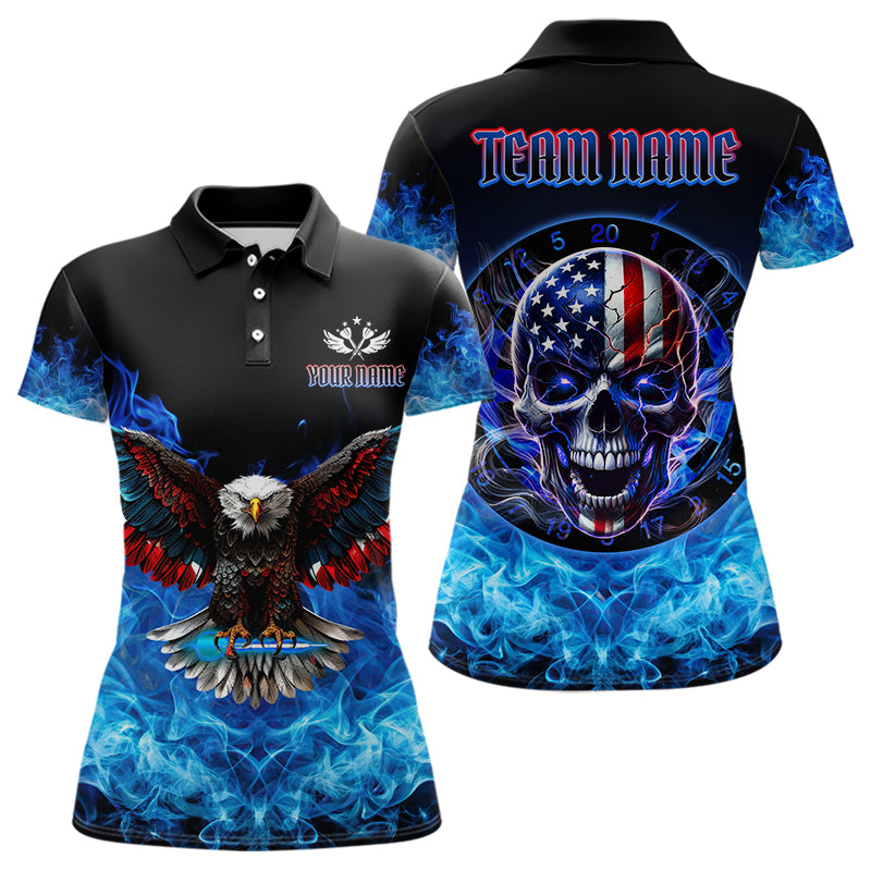 Blue Flame Smoke American Flag Eagle Skull Women Darts Polo, 1/4 Zip Shirts Custom Darts Team Jersey NQS9658