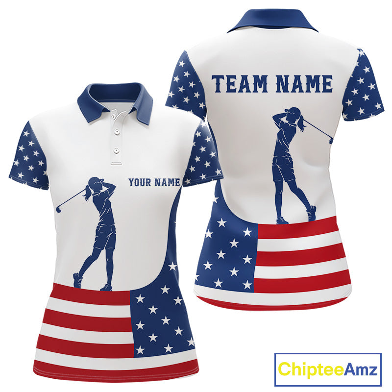 Red, White and Blue American Flag Golf polo shirt for Women custom patriotic ladies golf outfit NQS11728