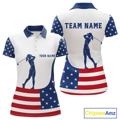 Red, White and Blue American Flag Golf polo shirt for Women custom patriotic ladies golf outfit NQS11728
