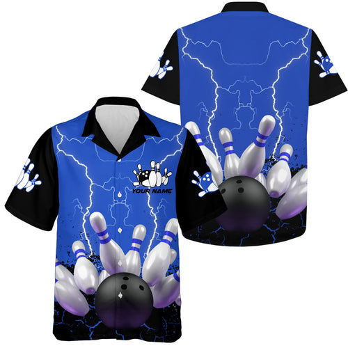 Blue lightning hawaiian bowling shirts, Personalized men's bowling team button up bowling shirts NQS5200