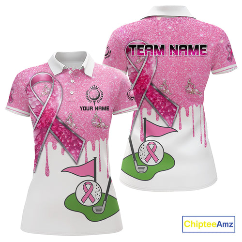 Pink ribbon glitter Golf Polo Shirts For Women Custom team golf jerseys, breast cancer golf shirts NQS9882