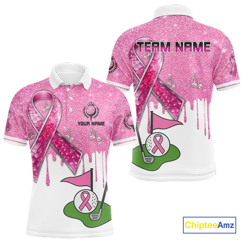 Pink ribbon glitter Golf Polo Shirts For Men Custom team golf jerseys, breast cancer golf shirts NQS9882