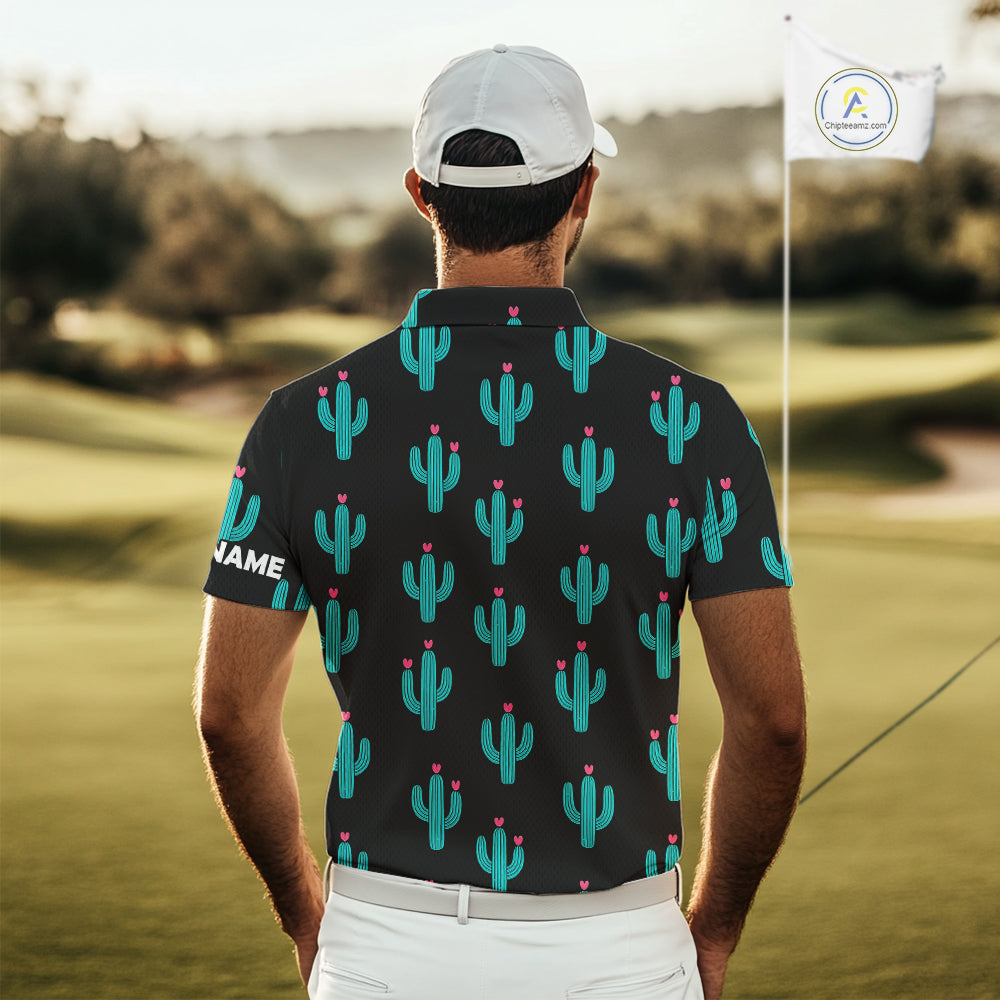 Personalized black and green cactus flower pattern mens golf polo shirts custom cactus golf shirts NQS9942