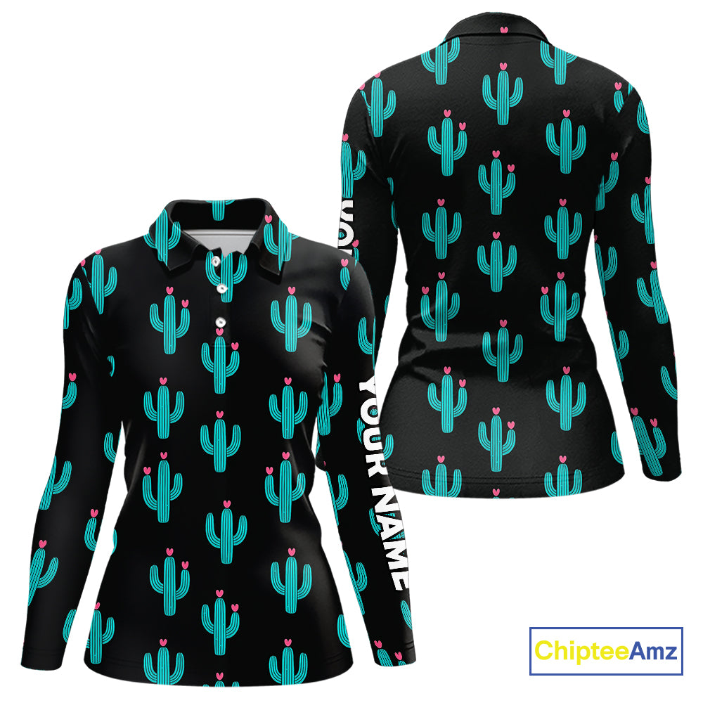 Personalized black & green cactus flower pattern Women golf polo shirts custom cactus golf shirts NQS9942