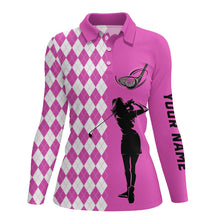 Load image into Gallery viewer, Personalized white argyle plaid pattern Womens golf polo shirts, custom Pink golf apparel for ladies NQS7790