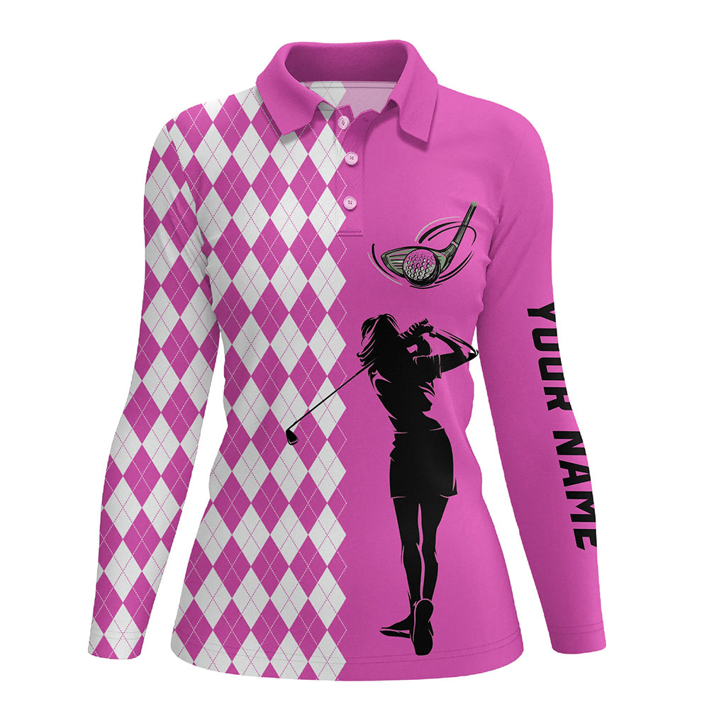 Personalized white argyle plaid pattern Womens golf polo shirts, custom Pink golf apparel for ladies NQS7790