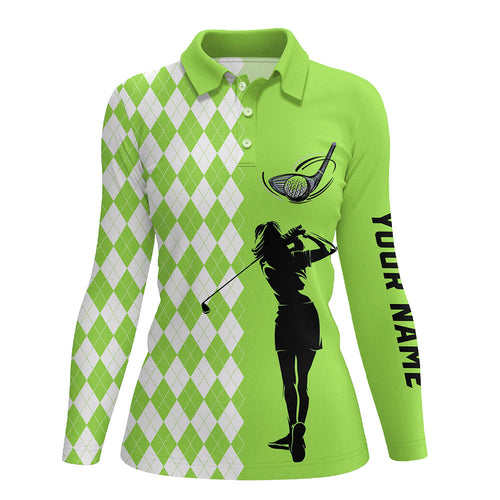 Personalized white argyle plaid pattern Womens golf polo shirts, custom Green golf apparel for ladies NQS7791