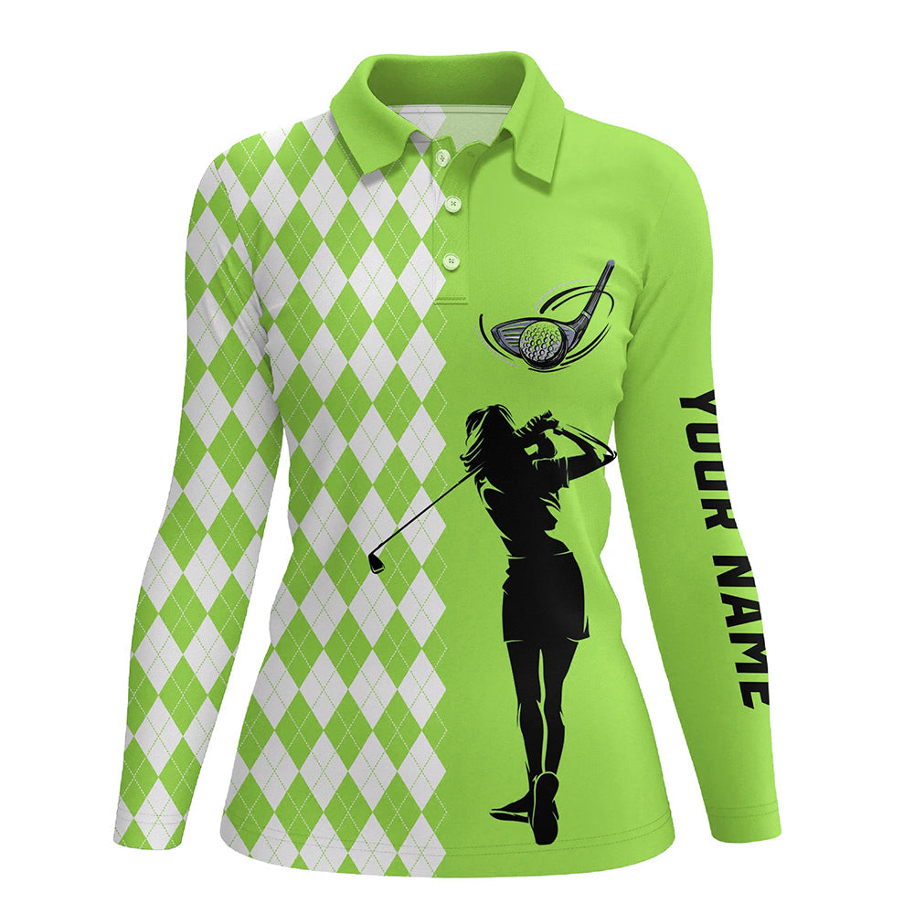 Personalized white argyle plaid pattern Womens golf polo shirts, custom Green golf apparel for ladies NQS7791