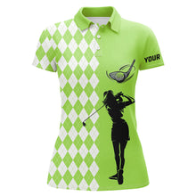 Load image into Gallery viewer, Personalized white argyle plaid pattern Womens golf polo shirts, custom Green golf apparel for ladies NQS7791
