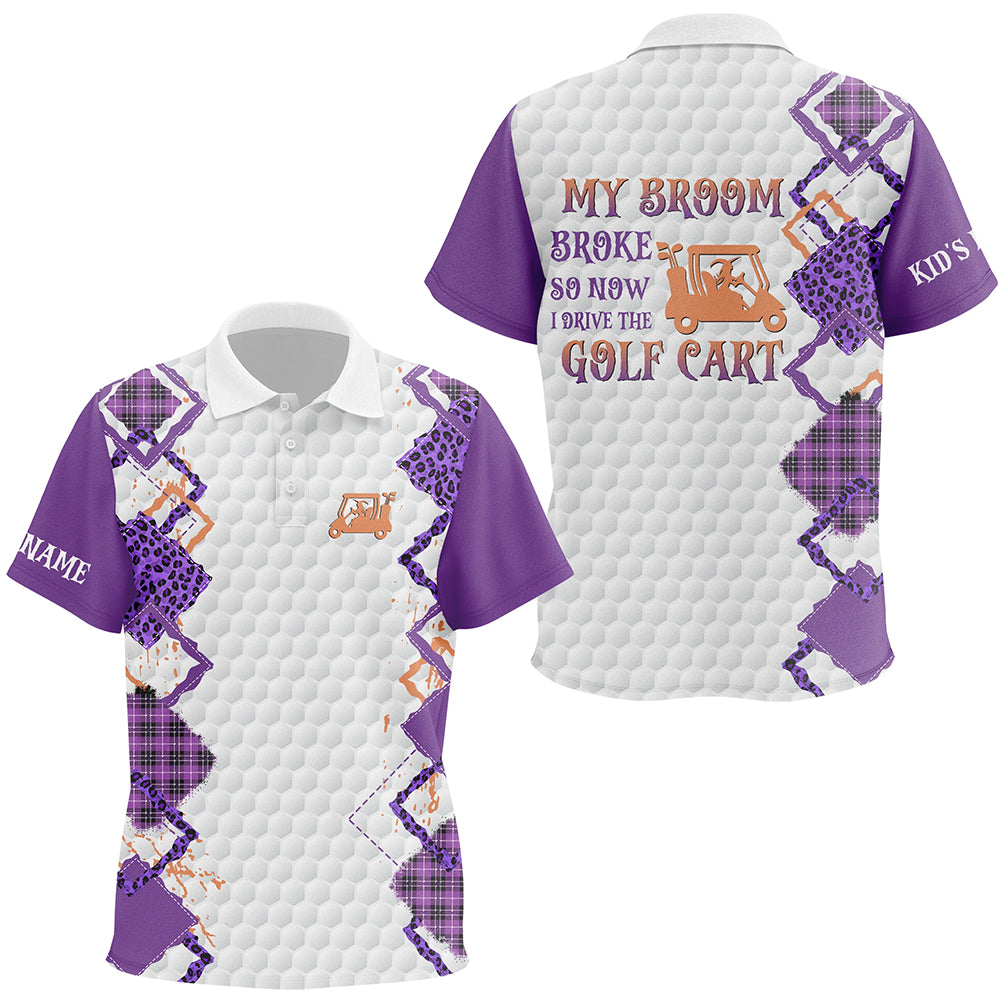 Funny Halloween Leopard Kid golf polo shirts Custom My broom broke so now I drive the golf cart NQS8214