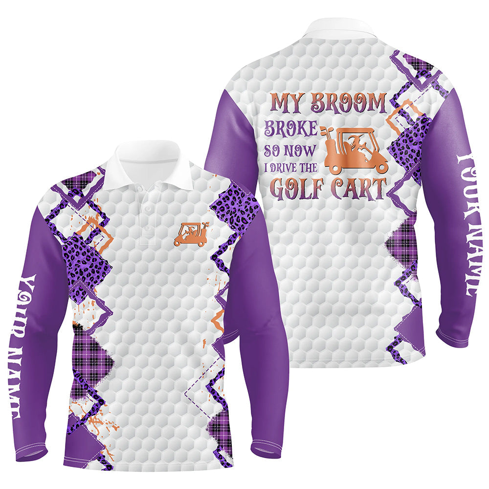 Funny Halloween Leopard Mens Golf Polo Shirts Custom My broom broke so now I drive the golf cart NQS8214
